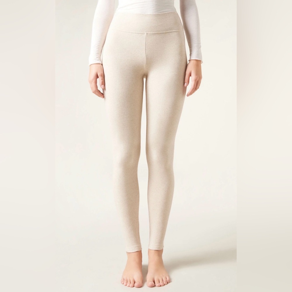 Calzedonia Ribbed Cashmere Blend Leggings - Neutral Taupe Beige
